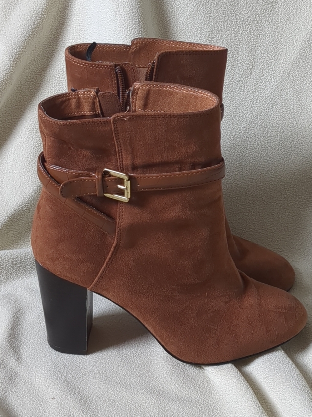 H&M Cognac Suede Ankle Booties with Buckle Strap